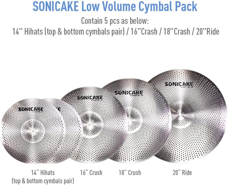 SONICAKE Low Volume Cymbal Pack Quiet Cymbal Set 14" Hi-Hat+16" Crash+18" Crash+20" Ride Cymbal Practice Set of 5pcs Silver - Image 2